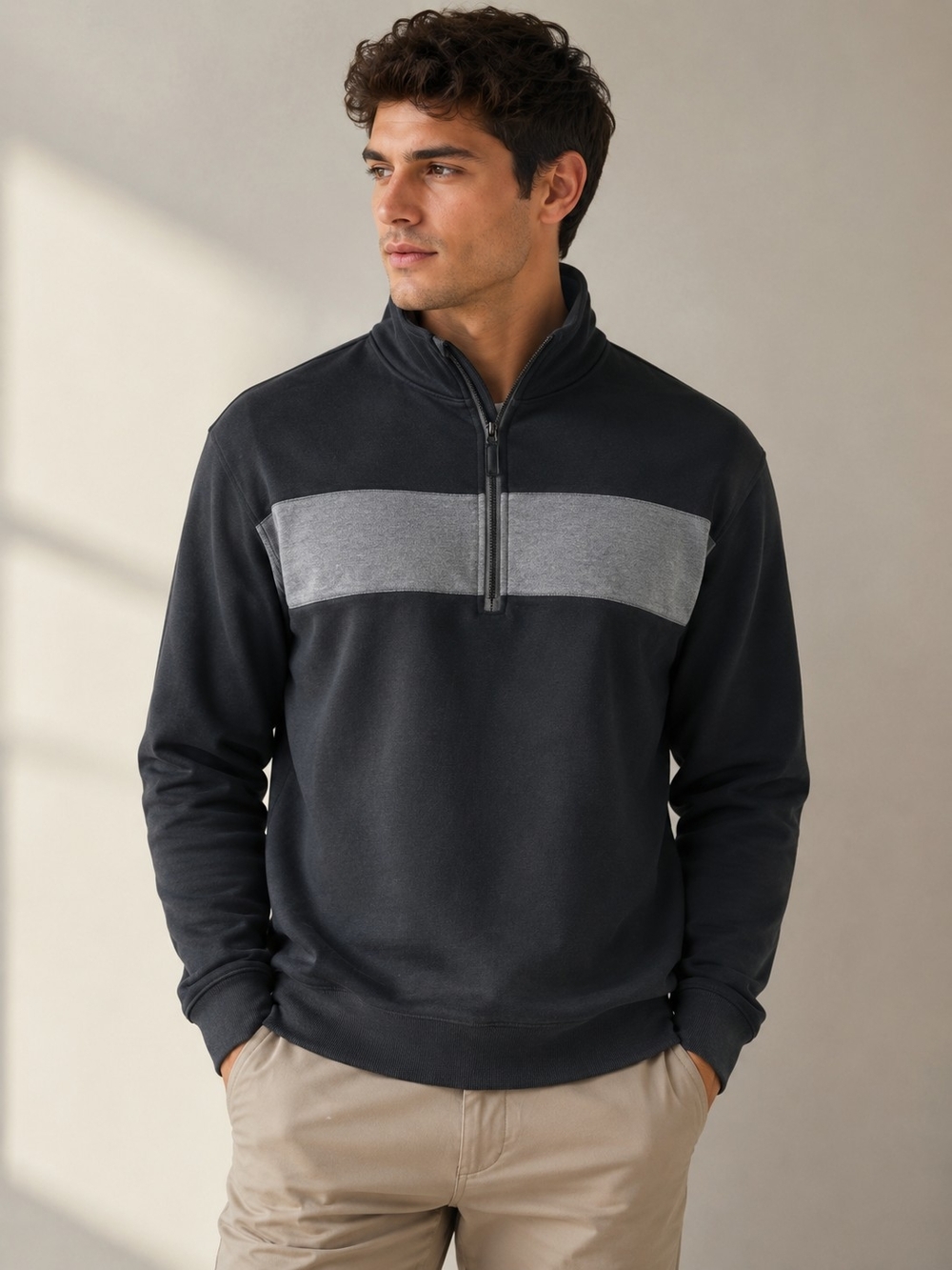 Roundtree & York Men's Half-Zip Pullover Sweater in Charcoal with Gray Stripe